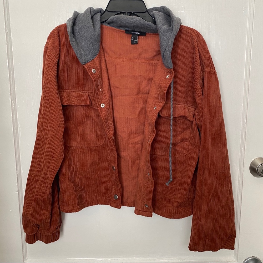 orange corduroy button up hoodie